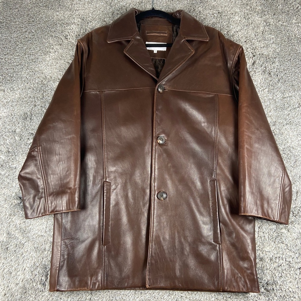 Vintage Calvin Klein Leather Jacket Mens Medium Brown Car Coat Button Trench 90s